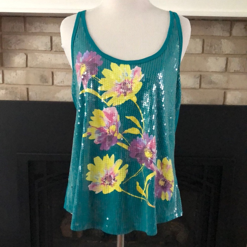 Aeropostale Teal Floral Sequined Racerback Tank M